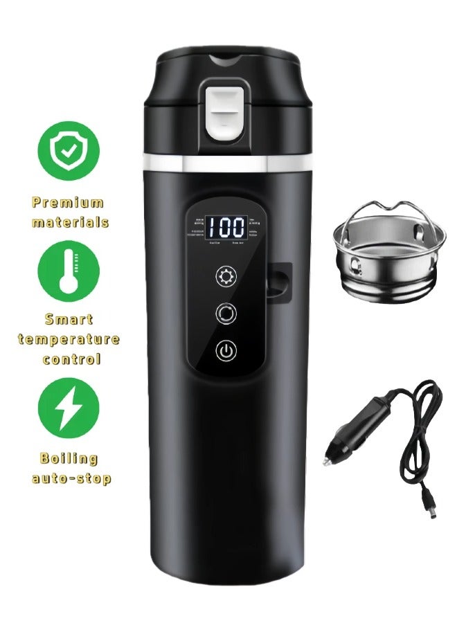 Car Portable Electric Kettle,12V/24V 500ml Fast Heating Water Cup,Stainless Steel Travel Cup,Leak-Proof Kettle with Temperature Control,Camping Heated Thermos Coffee Mug,Black - Image 1